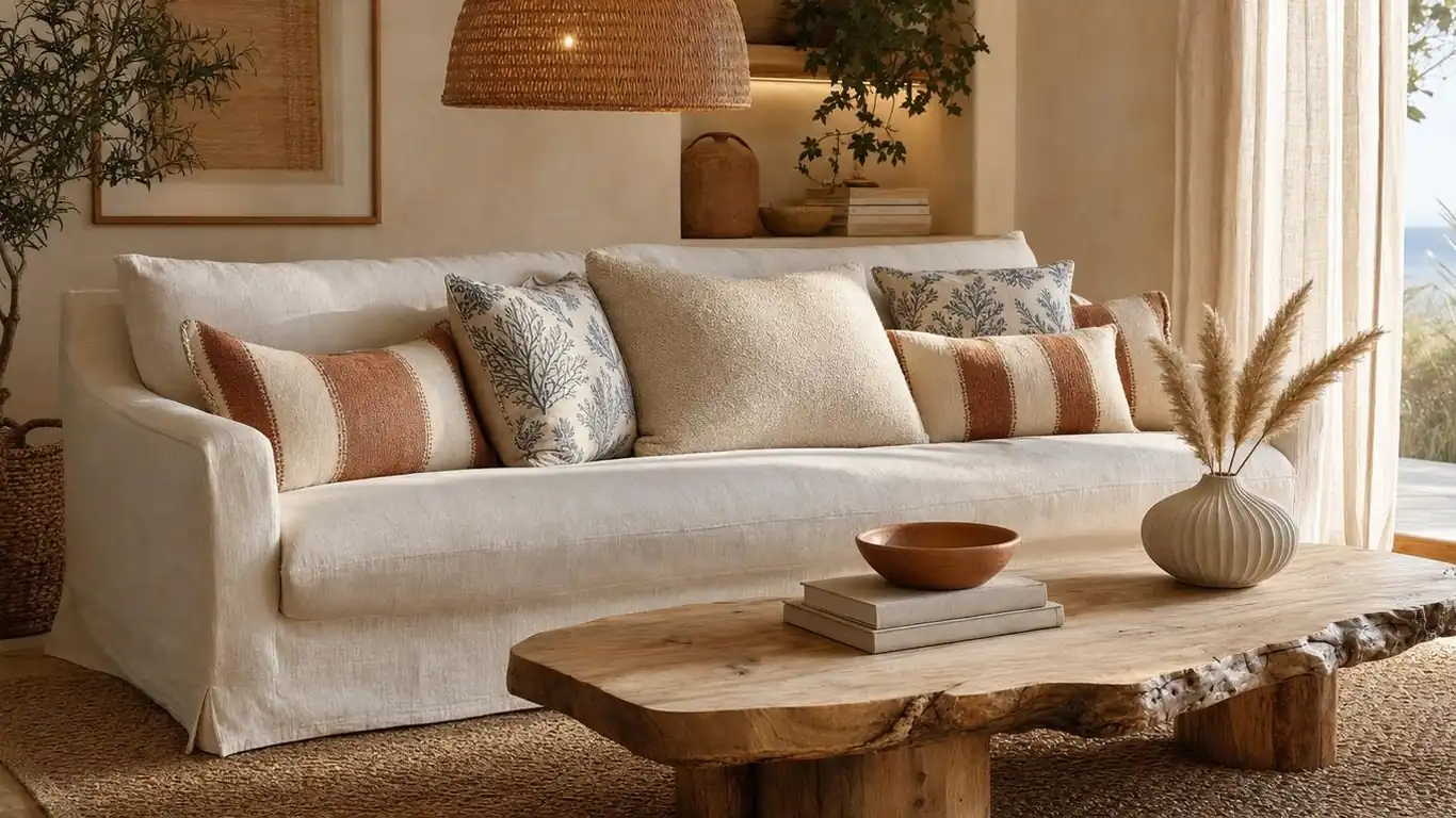 Low-profile cream linen sofa styled with stripe and coastal print pillows beside a live-edge raw wood coffee table in a boho coastal living room