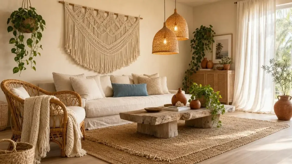 Bright boho coastal living room with layered jute rug, honey rattan accent chair, macramé wall hanging, and sheer linen curtains in warm cream tones