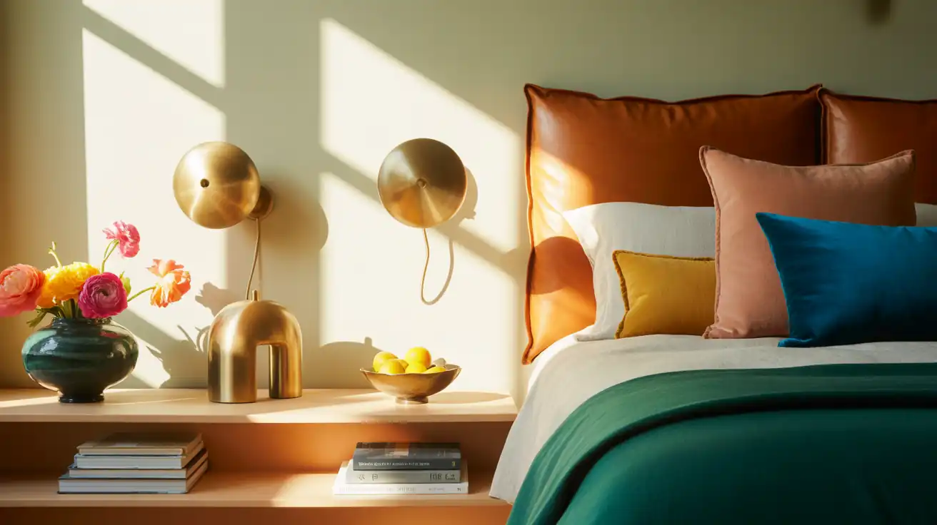 Symmetrical brushed brass plug-in wall sconces mounted above floating oak nightstands in a shared bedroom.