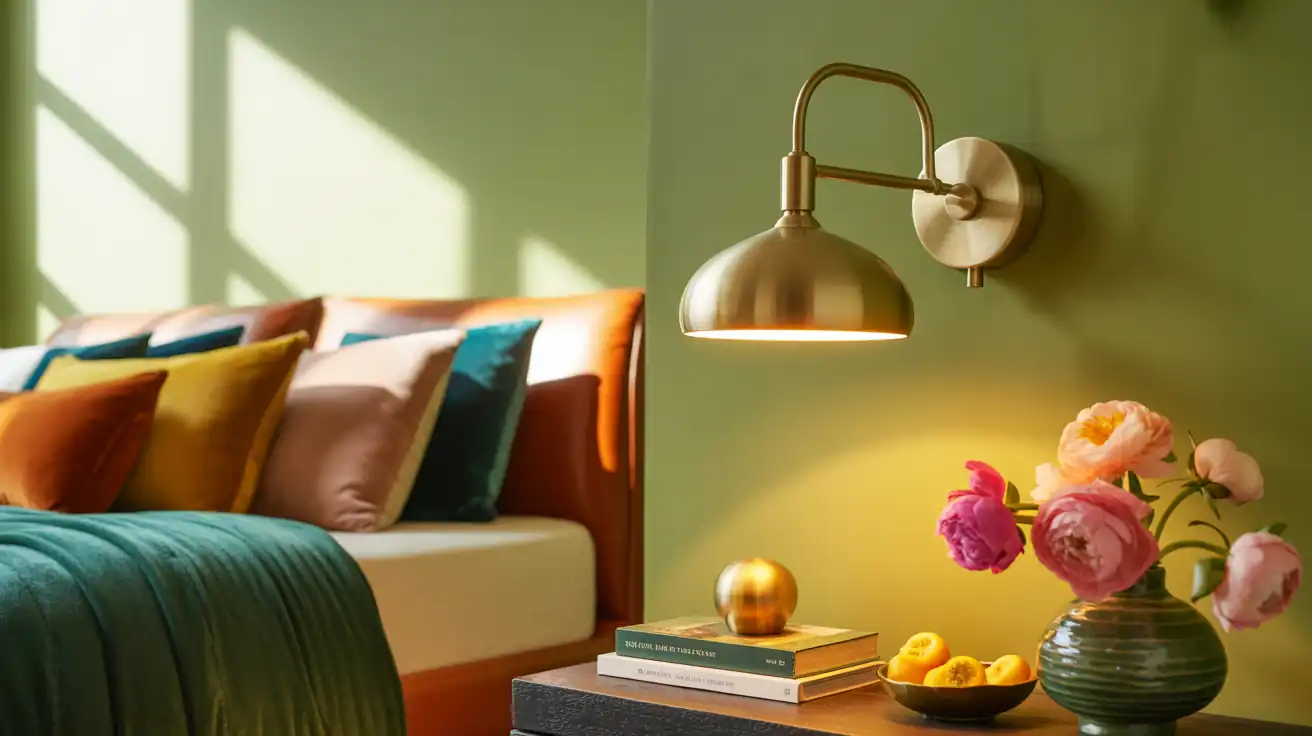 A sleek, brushed brass plug-in wall sconce mounted against a deeply saturated, matte olive green wall.