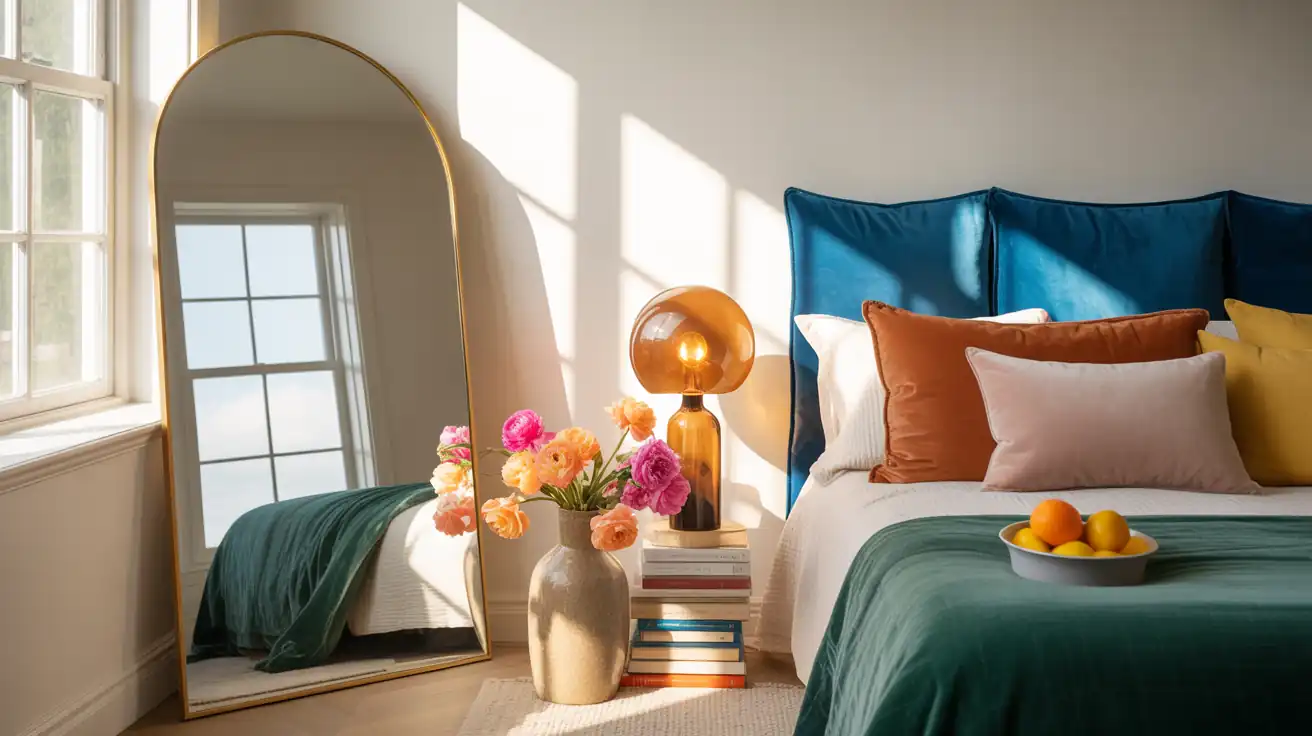 Elegant brushed brass plug-in wall sconces mounted over a neatly styled bed in a tiny room.