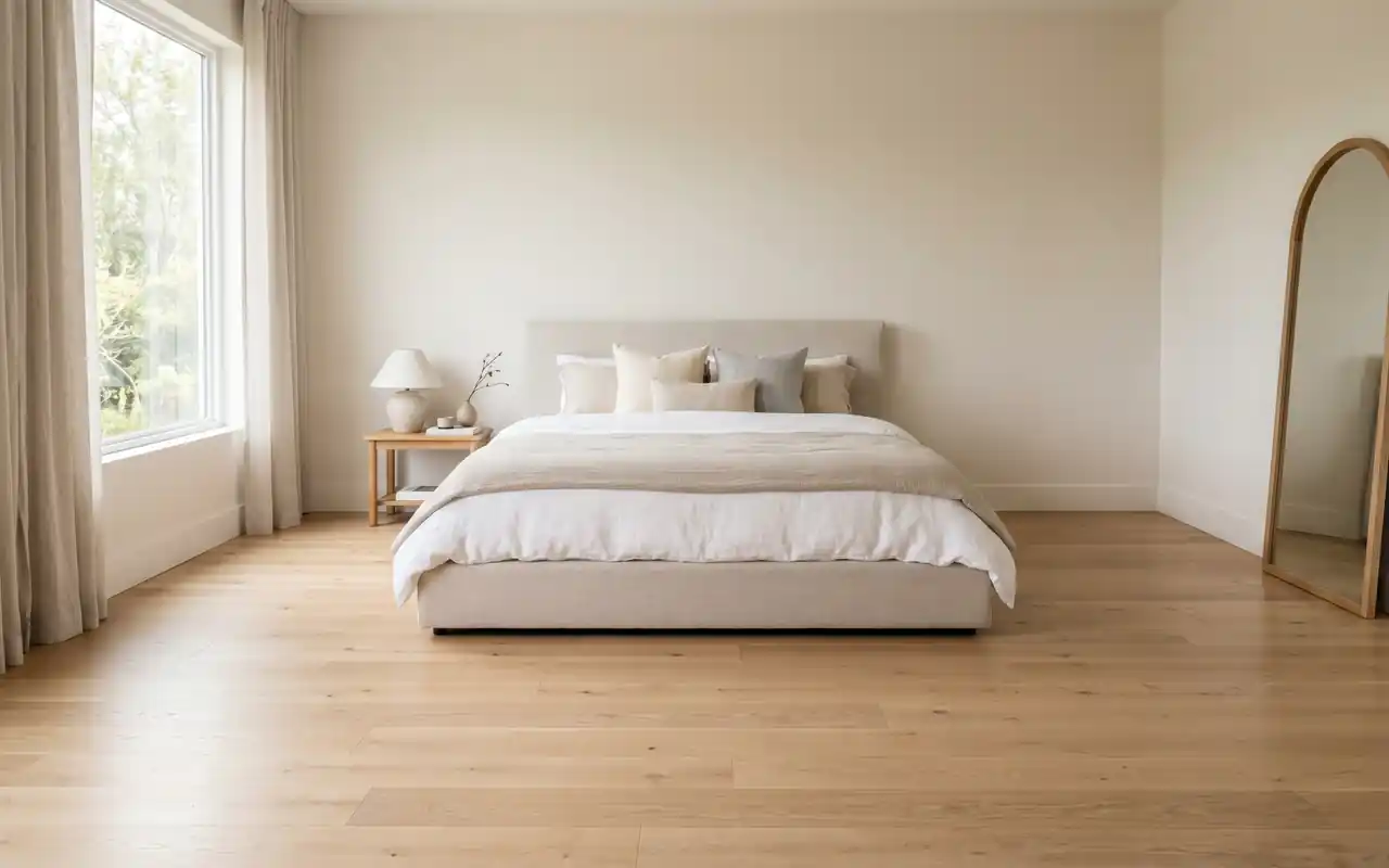 Calm minimalist bedroom layout showing a sleek bed frame and clean, empty floor space.