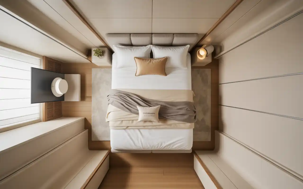 Perfectly centered king size bed in a tight room with narrow walking paths on both sides.