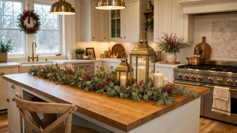Flat lay of finished Christmas Cricut decor projects including vinyl ornaments, paper snowflake garland, farmhouse sign, and gift tags