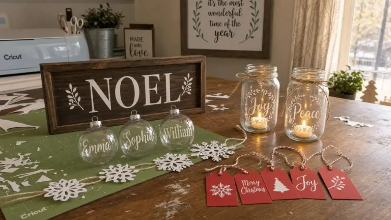 Kitchen with elegant Christmas decor on top of white cabinets showing pine garland, mixed lanterns, and warm fairy lights