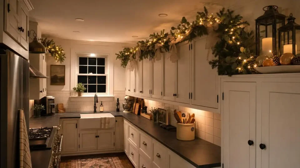 White farmhouse kitchen island decorated for Christmas with eucalyptus garland runner, two brass lanterns, and red berry picks