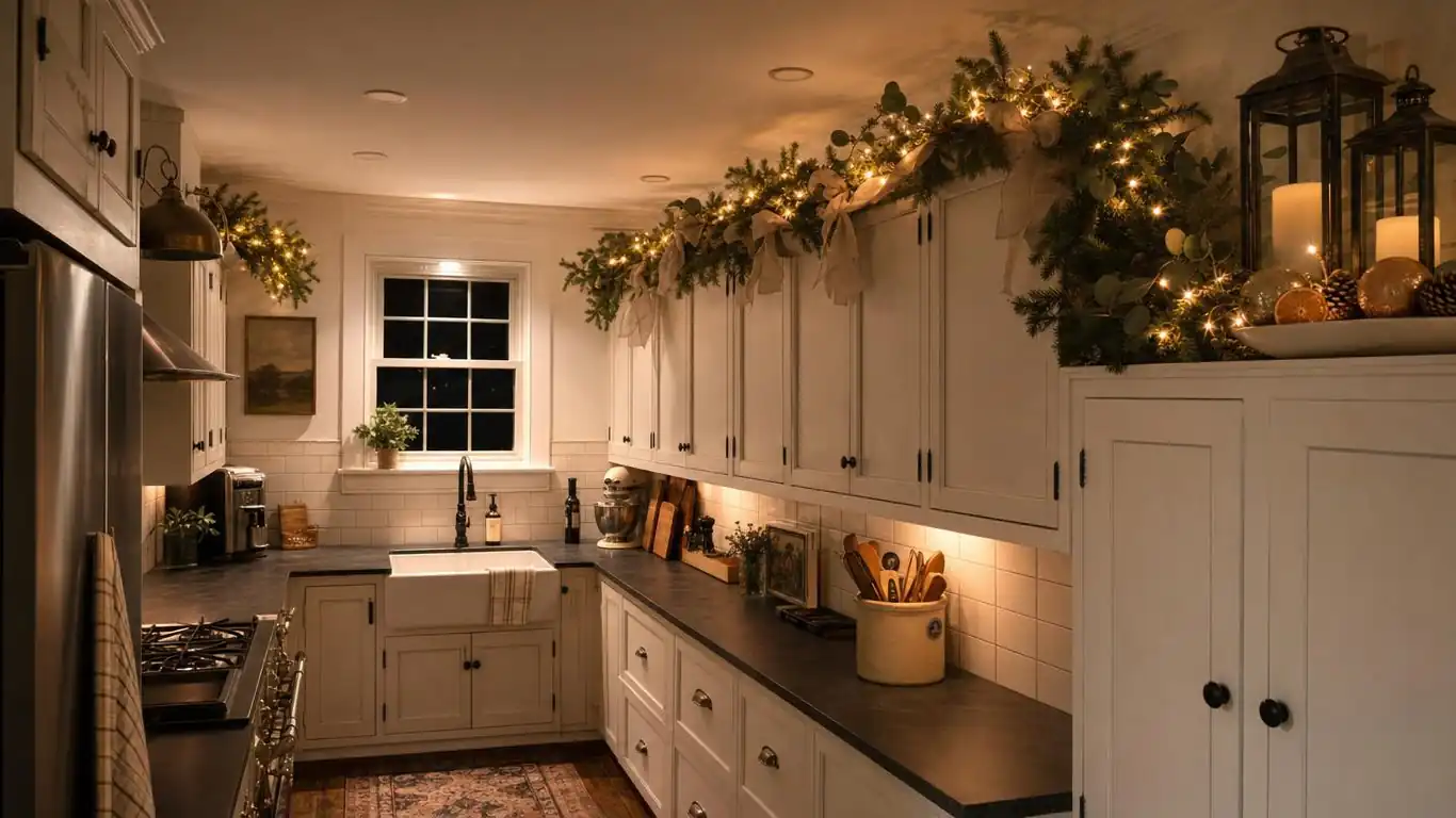 White farmhouse kitchen island decorated for Christmas with eucalyptus garland runner, two brass lanterns, and red berry picks