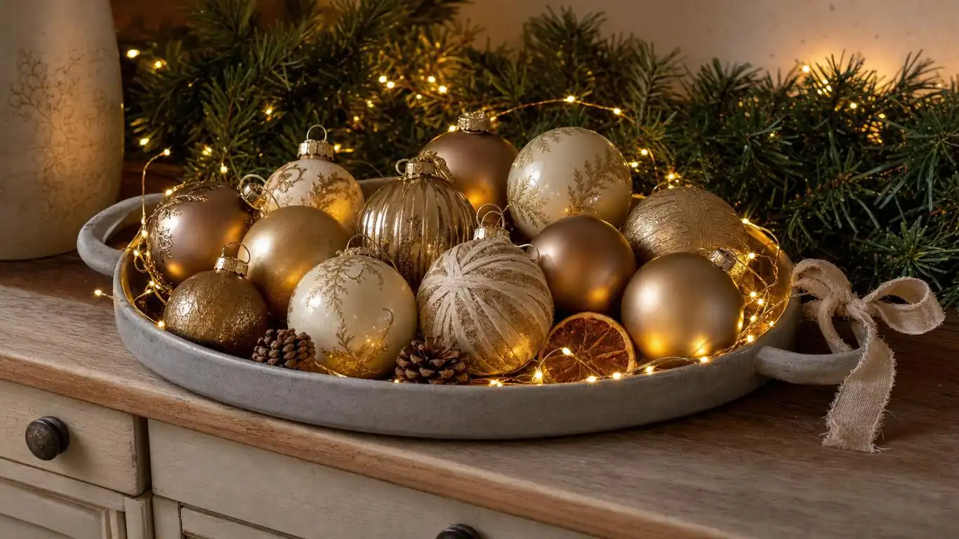 Kitchen island styled with one-third rule — garland and lantern cluster at one end, two-thirds of the surface clear for cooking