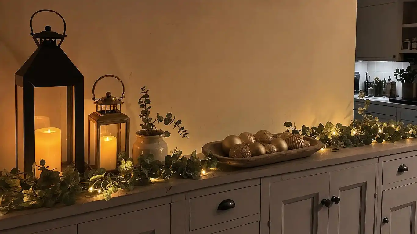 Three-tiered brushed brass tray on kitchen island styled with mini ornaments, pinecones, and cream pillar candles