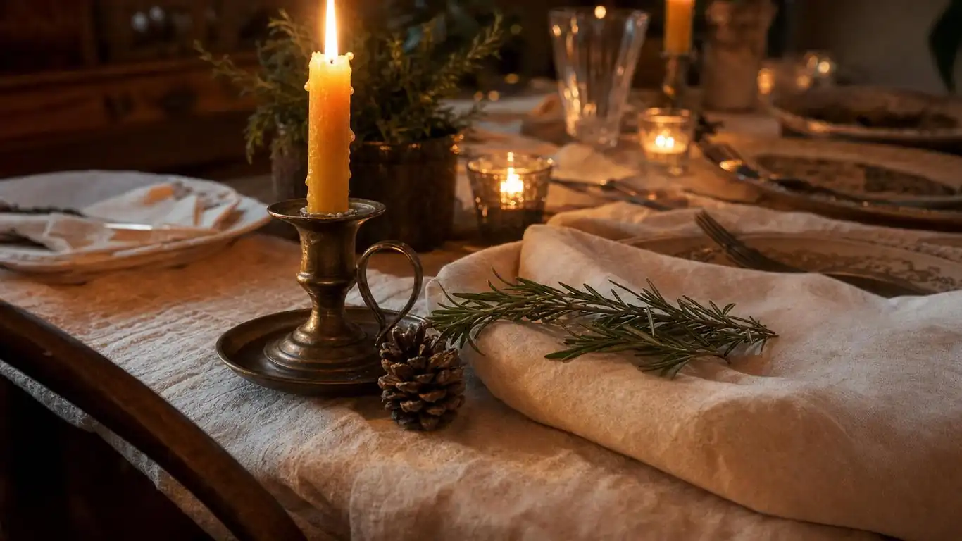 Close-up detail of a Christmas table at candlelight showing cream linen, aged brass candlestick, and rosemary sprig on a folded napkin