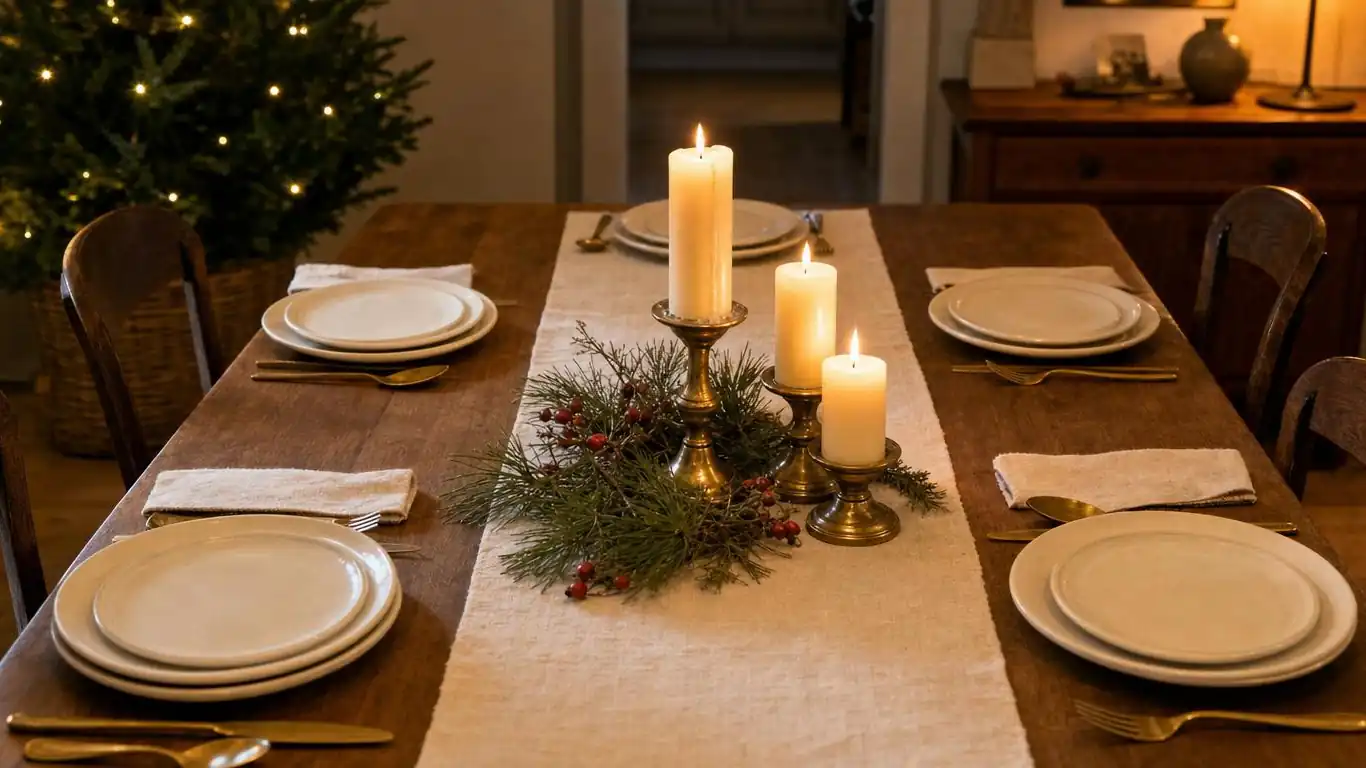 Christmas table showing correct centerpiece height below 10 inches with open sightlines and taper candles in brass holders of varying heights