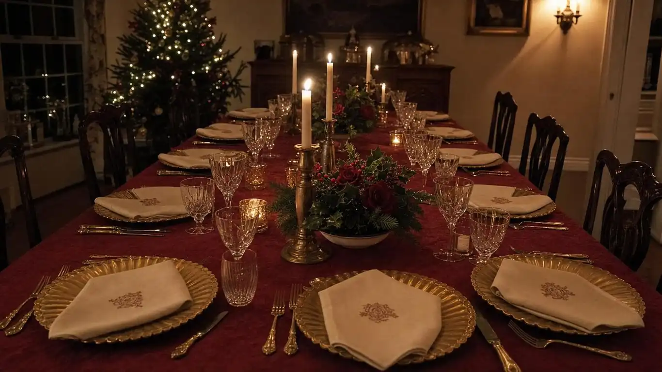Classic Christmas table with deep red linen tablecloth, gold charger plates, ivory taper candles, and fresh pine and holly centerpiece