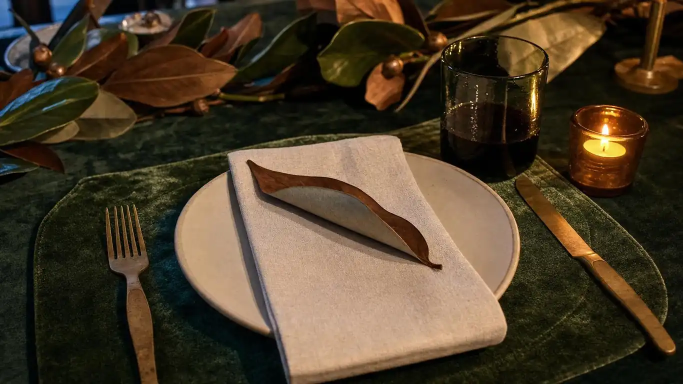 Elegant Christmas table with emerald green velvet runner, unlacquered brass flatware, preserved magnolia garland, and low smoky green glassware
