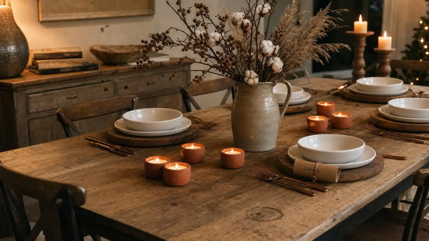 Rustic Christmas table with bare wood surface, copper flatware, terracotta votives, and dried botanical centerpiece in stoneware pitcher