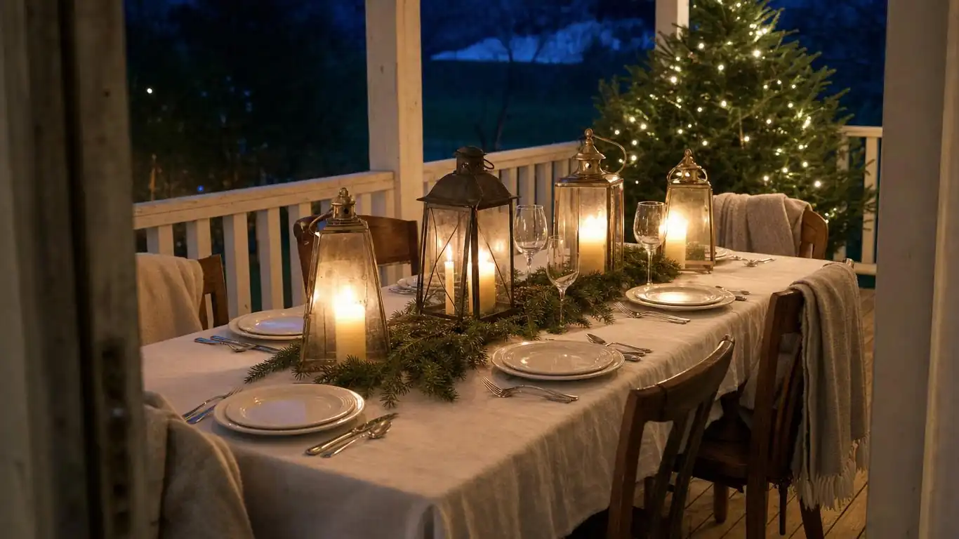 Covered porch Christmas dinner setting with farmhouse table, mixed iron lanterns, pillar candles, and pine garland centerpiece
