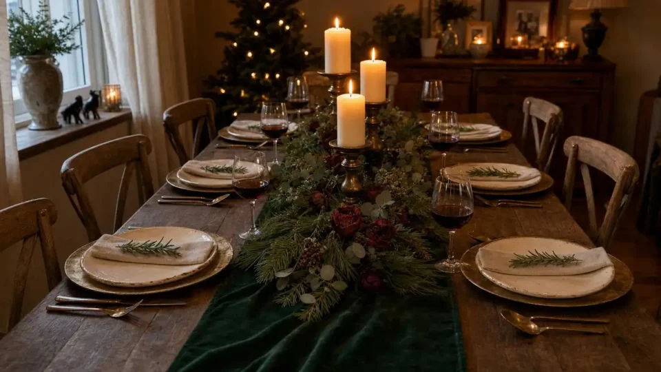 Elegant Christmas table setting with forest green velvet runner, antique gold charger plates, pine garland, and taper candles in brass holders