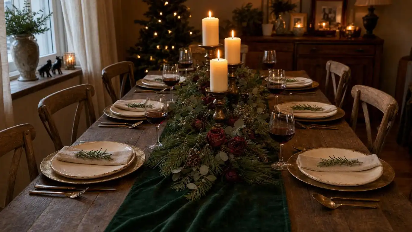 Elegant Christmas table setting with forest green velvet runner, antique gold charger plates, pine garland, and taper candles in brass holders