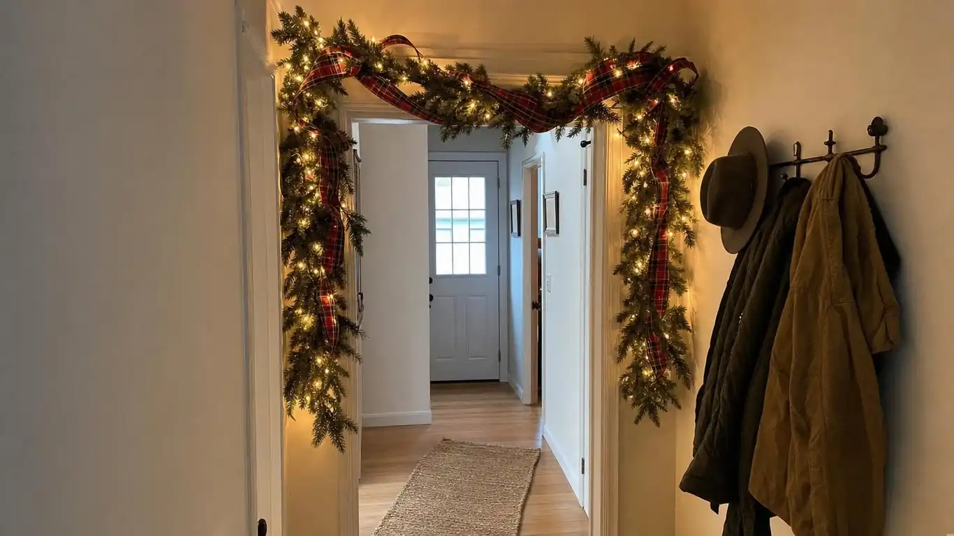Plaid ribbon evergreen garland draped in looping swags above a doorway with warm amber fairy lights woven through the branches