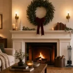 Large evergreen wreath with burgundy velvet ribbon mounted above a white fireplace mantel with brass sconces and warm amber candlelight