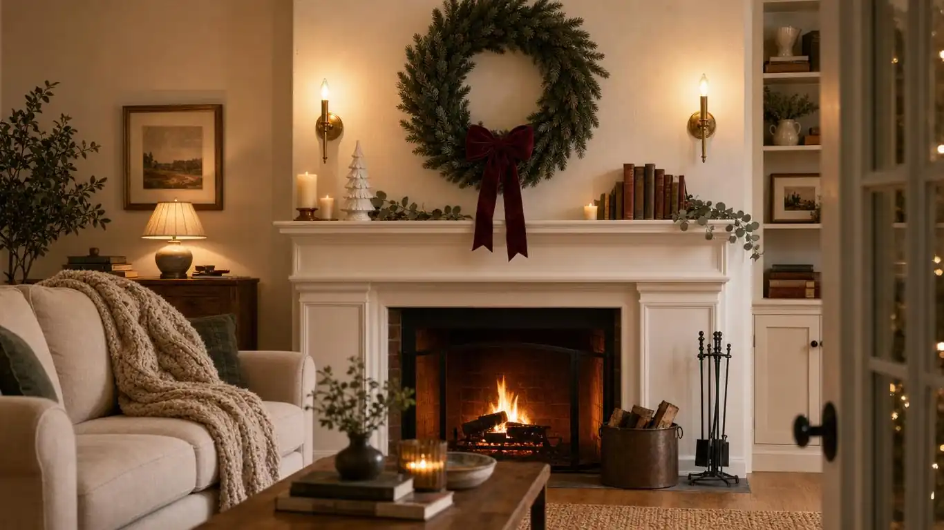 Large evergreen wreath with burgundy velvet ribbon mounted above a white fireplace mantel with brass sconces and warm amber candlelight