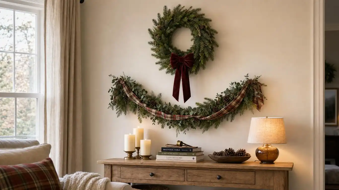 Living room wall with christmas wall decor ideas at three heights — high wreath, eye-level garland, and low console arrangement