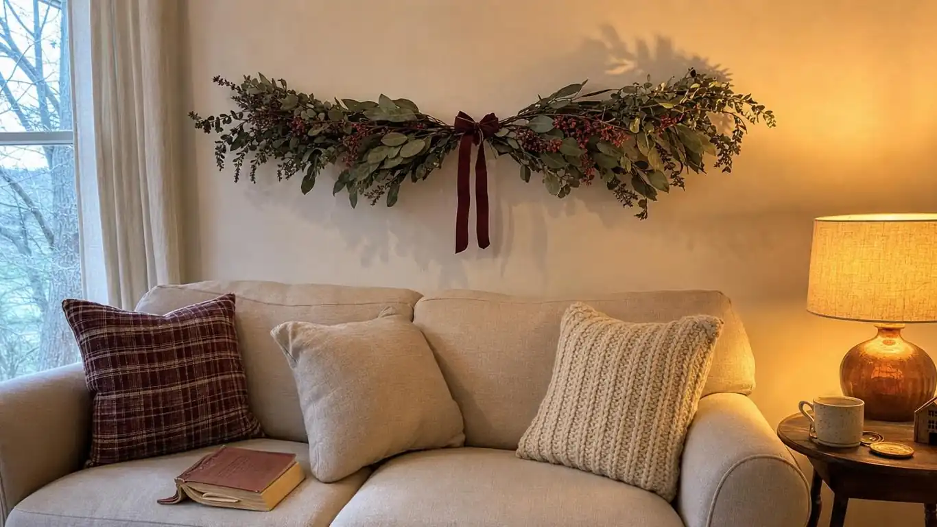 Cozy living room showing christmas wall decor with a eucalyptus swag above the sofa and warm ambient lamp light on the wall