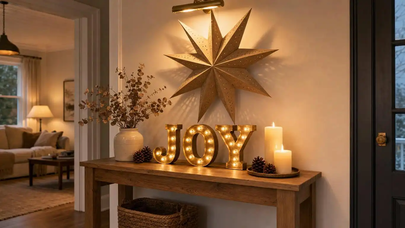 Marquee letter JOY display in warm Edison bulb glow resting on a console table below a wall-mounted Nordic paper star