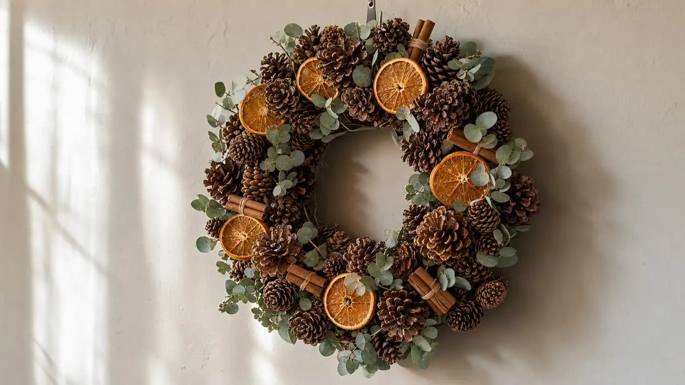 Pine cone and dried orange slice wreath with eucalyptus sprigs and red berry stems mounted on a warm greige interior wall