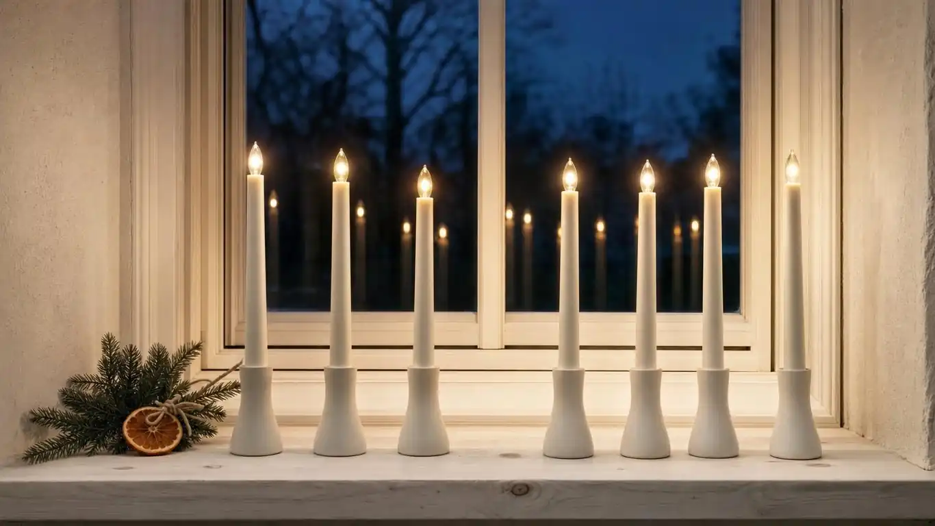Row of five electric taper candles in brass holders placed across a stone windowsill for Scandinavian-style Christmas decor
