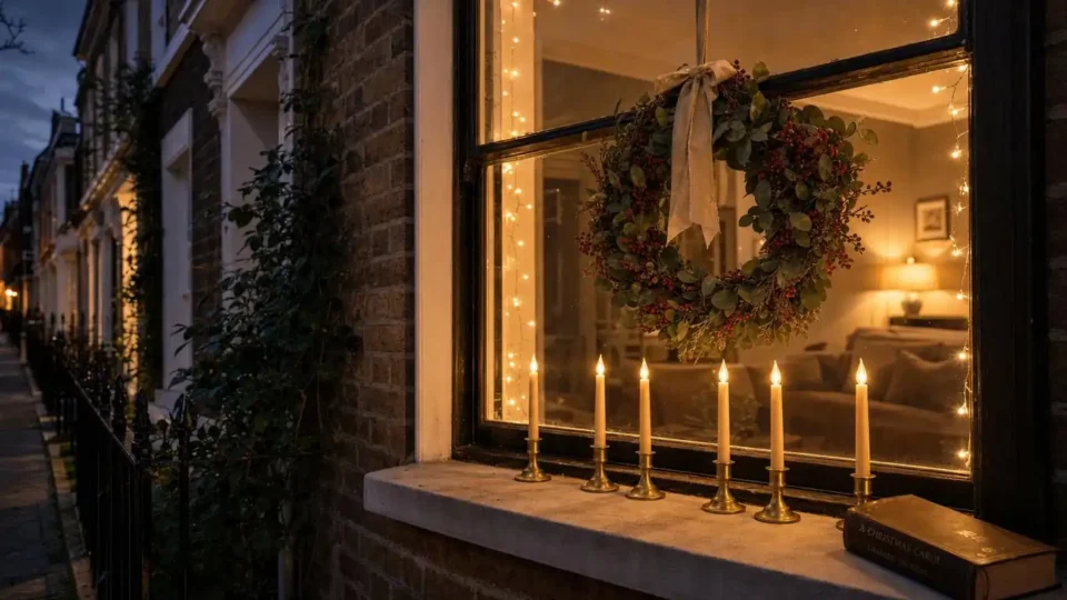 Victorian terraced house window at night decorated with a botanical eucalyptus wreath and electric candle row on sill