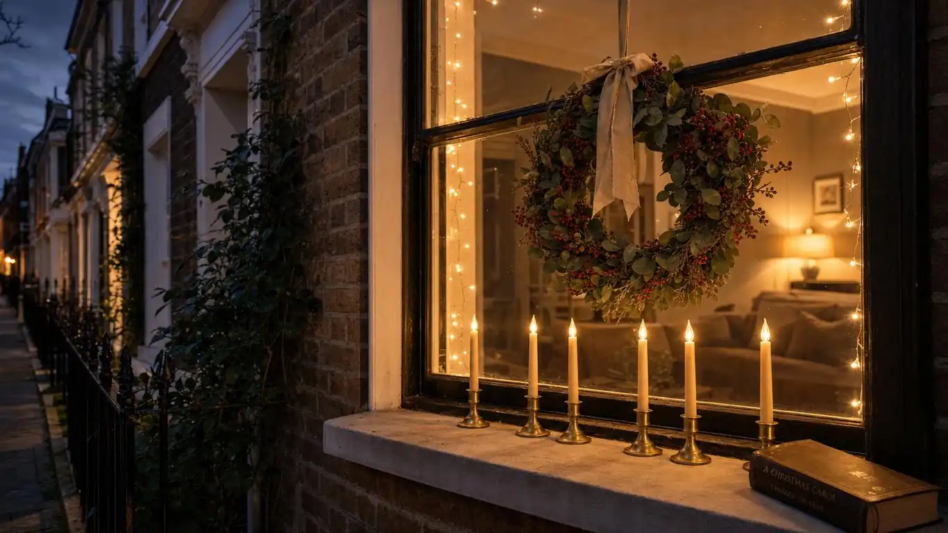 Victorian terraced house window at night decorated with a botanical eucalyptus wreath and electric candle row on sill