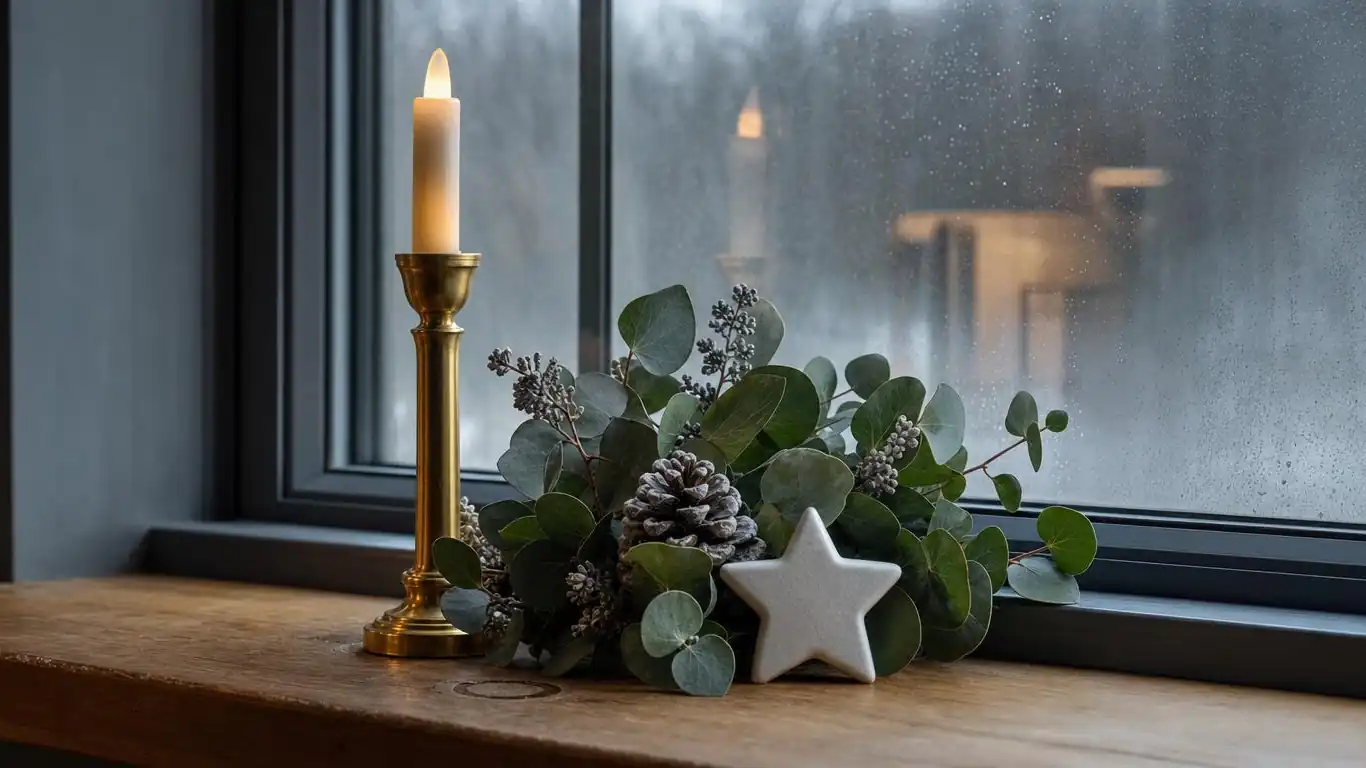 Christmas window styled in four layers — wreath against glass, candle row on sill, fairy lights on frame, small ceramic vignette at front
