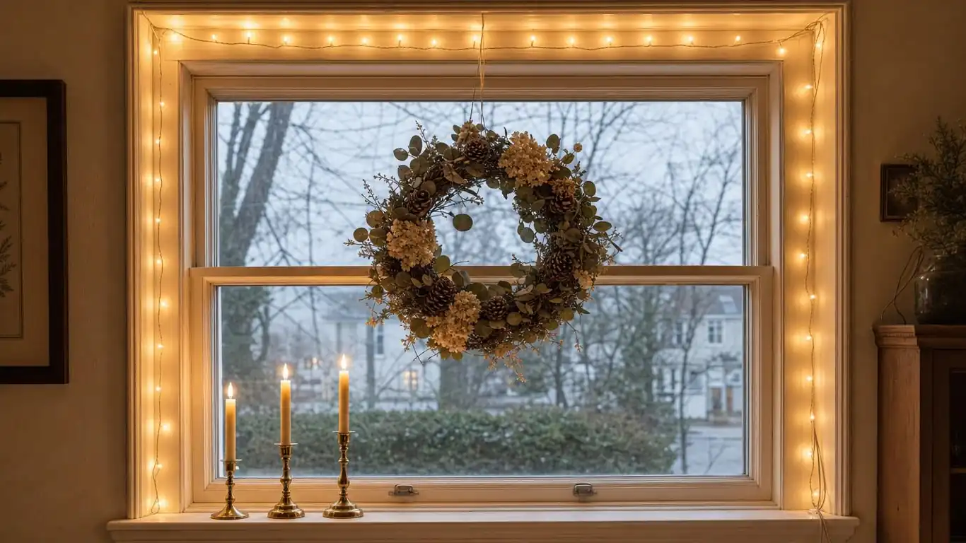 Interior view of Christmas window styling with botanical wreath, warm fairy lights on architrave, and greenery sill vignette