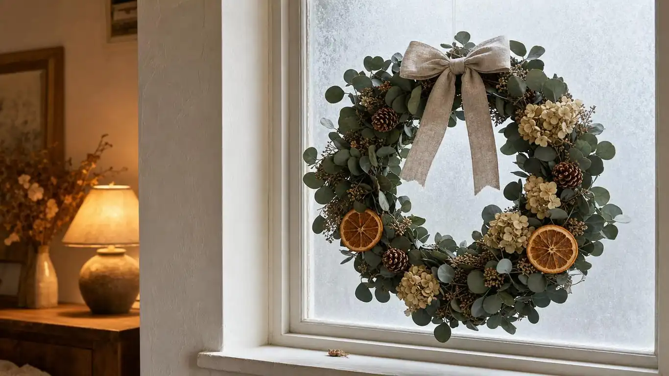 Botanical wreath centered against window glass with electric candles and warm ambient lighting visible from the room interior