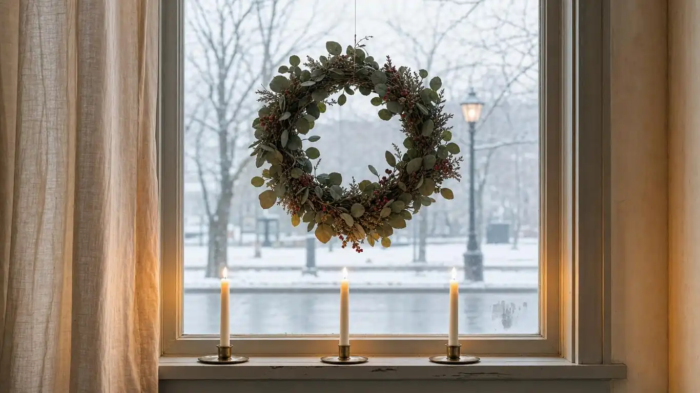 Well-styled Christmas window showing clear glass center and consistent warm botanical palette with no mixed light types