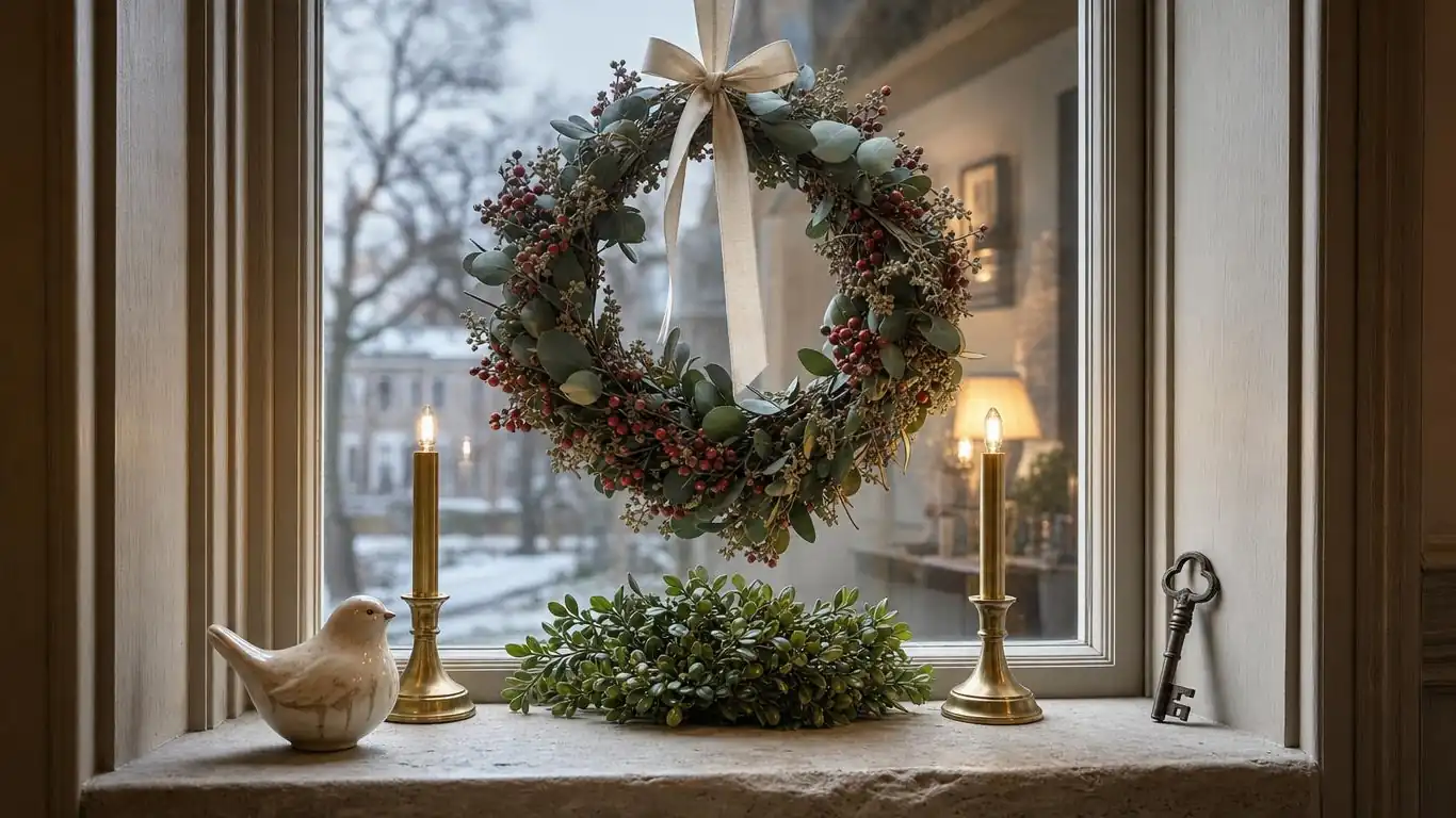 Christmas window decor with a dried eucalyptus wreath hung against glass and two brass electric tapers on the windowsill
