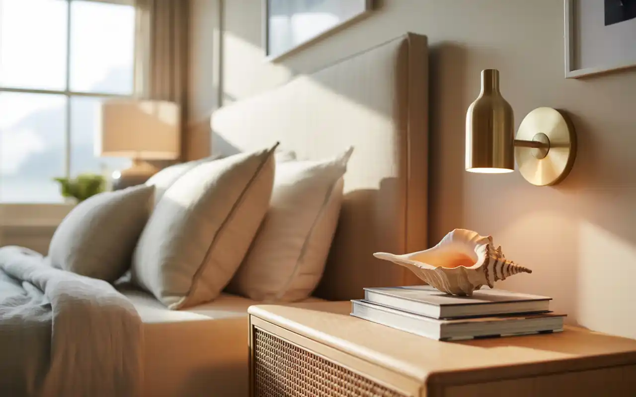Close up of a cane nightstand with brushed brass sconce and a conch shell on a boho coastal bedroom.