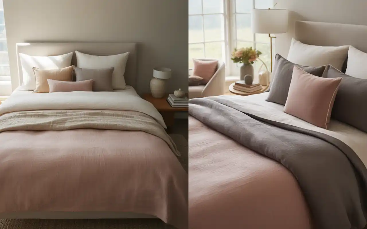 Close up of coordinated but not identically matching linen bedding in dusty rose and charcoal tones.