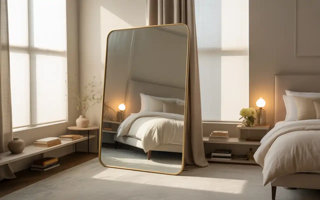 Single bed pushed neatly into the corner of a tiny room with a large leaning mirror opposite.