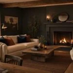 Cozy moody farmhouse living room with deep charcoal walls, reclaimed oak beam, velvet sofa, and warm brass lighting