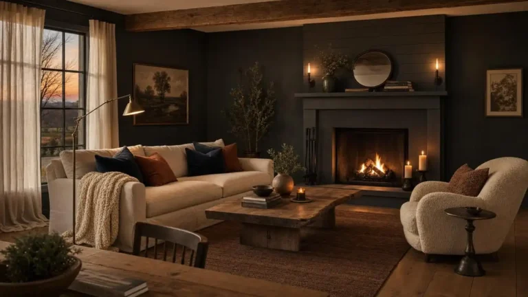 Cozy moody farmhouse living room with deep charcoal walls, reclaimed oak beam, velvet sofa, and warm brass lighting