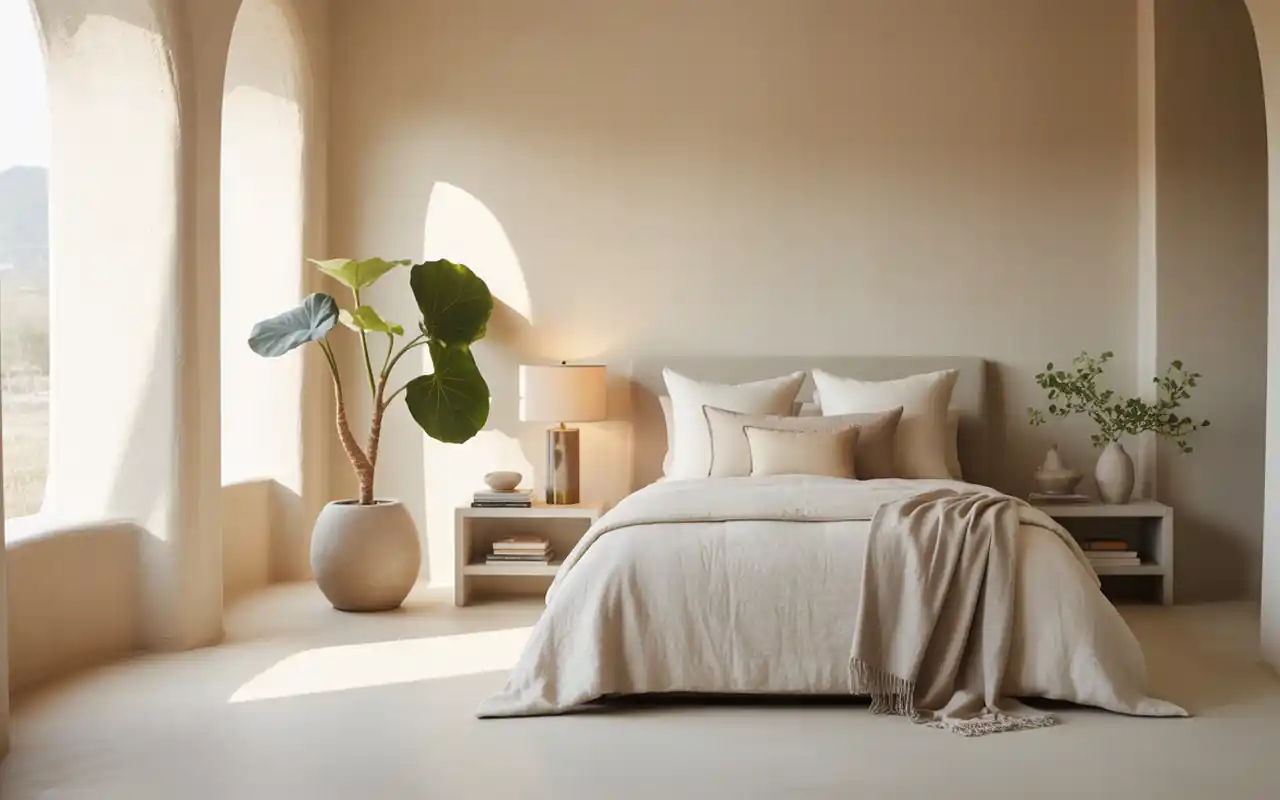 Minimalist bedroom corner showing intentional negative space, featuring a single sculptural olive tree.