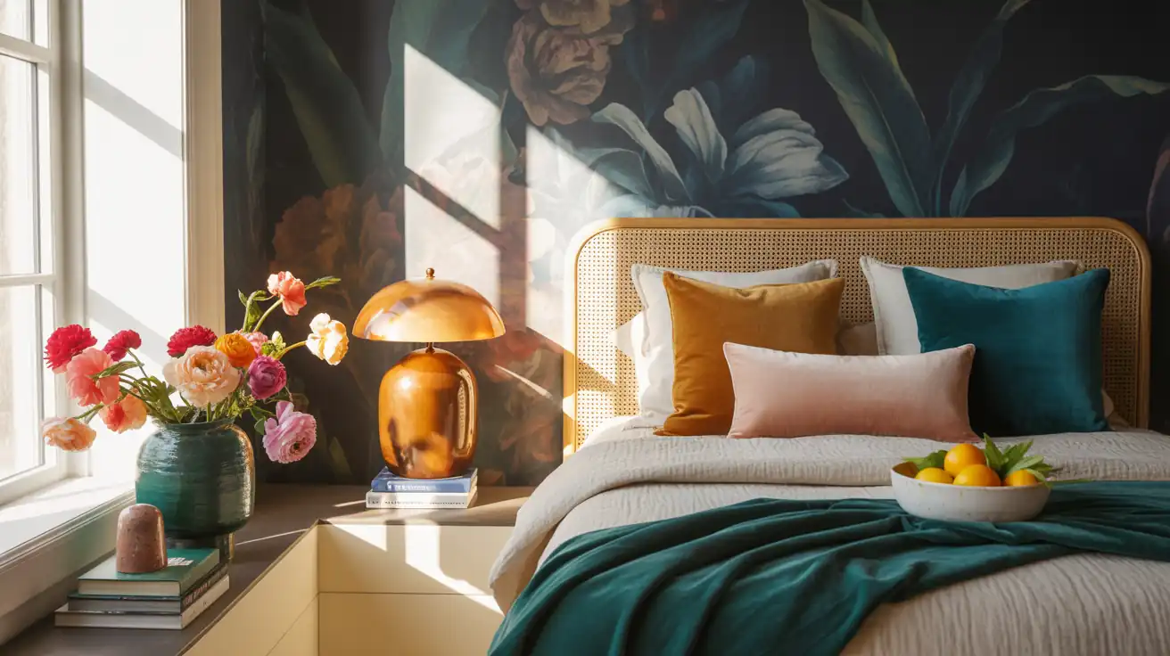 Dramatic, dark botanical floral wallpaper serving as an accent wall behind a rattan headboard.
