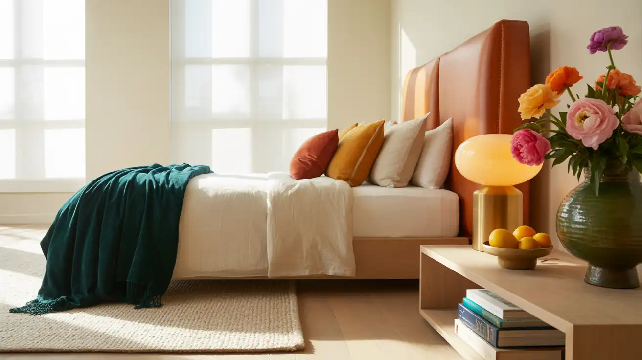 Wide angle view of a clean, uncluttered earthy modern bedroom layout emphasizing negative space and natural light.