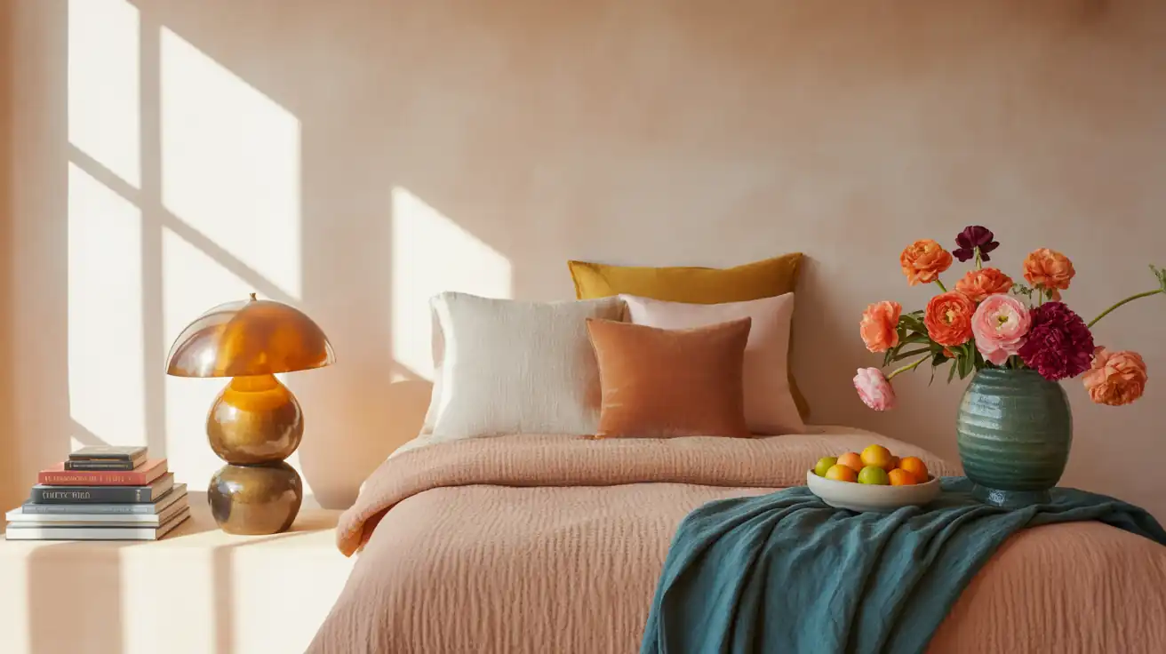 Small bedroom painted in warm greige tones with soft terracotta and cream linen bedding.