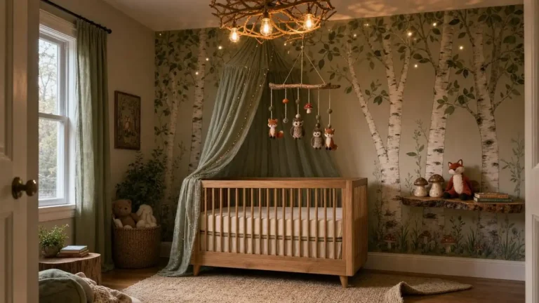 Enchanted forest nursery with birch tree mural, natural oak crib, fabric canopy, and warm fairy lights