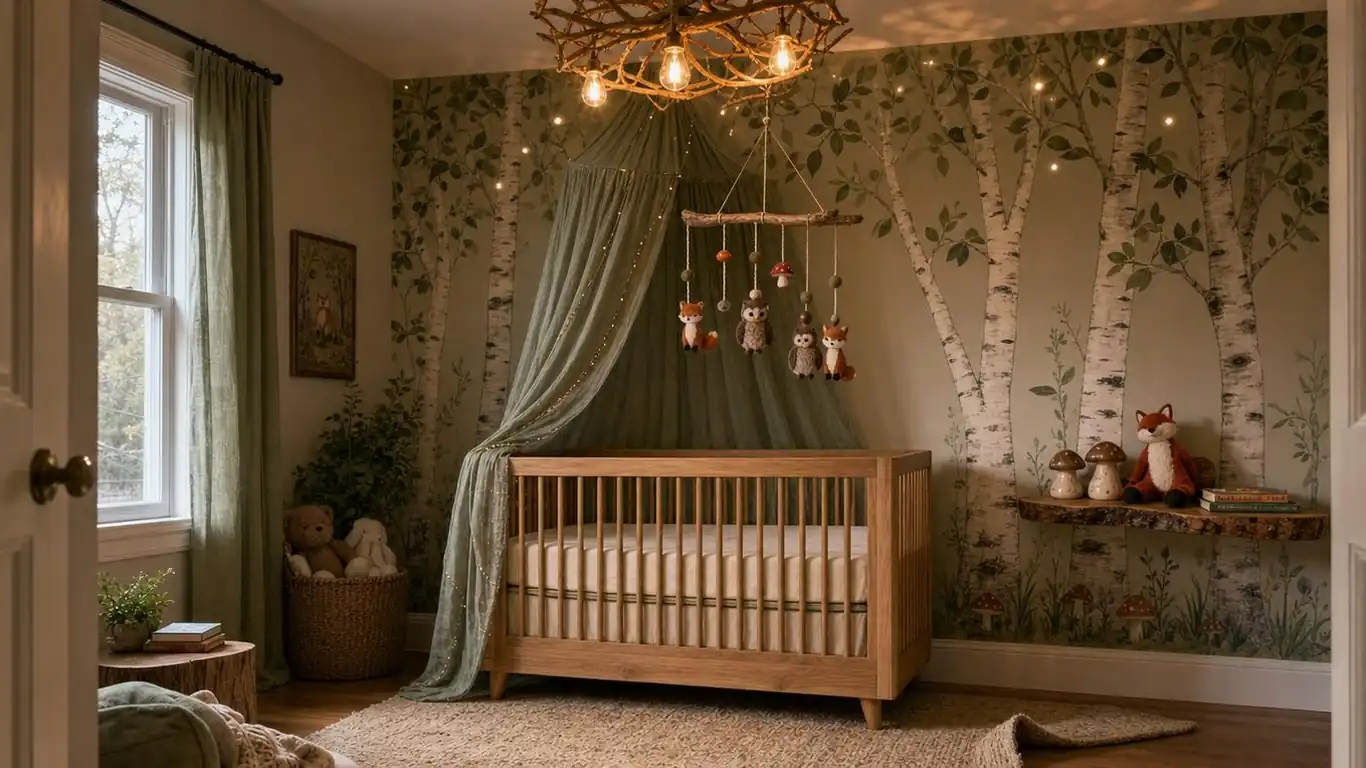 Enchanted forest nursery with birch tree mural, natural oak crib, fabric canopy, and warm fairy lights