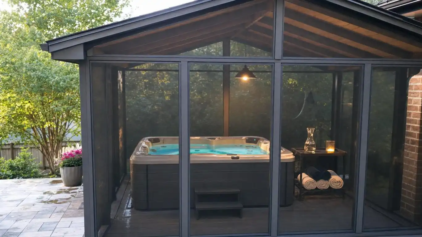 Hot tub inside an enclosed screened porch with polycarbonate roof panels and warm ambient lighting