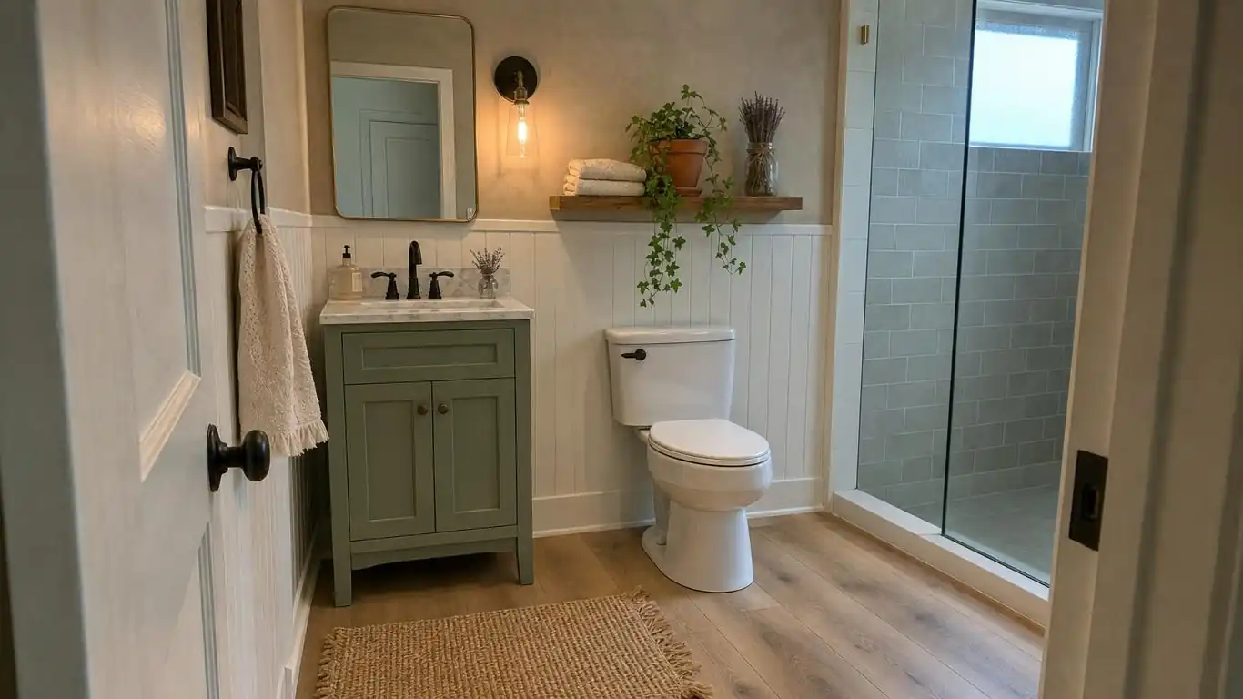 Small farmhouse bathroom with sage green shaker vanity, white beadboard wall, and warm aged iron sconce lighting