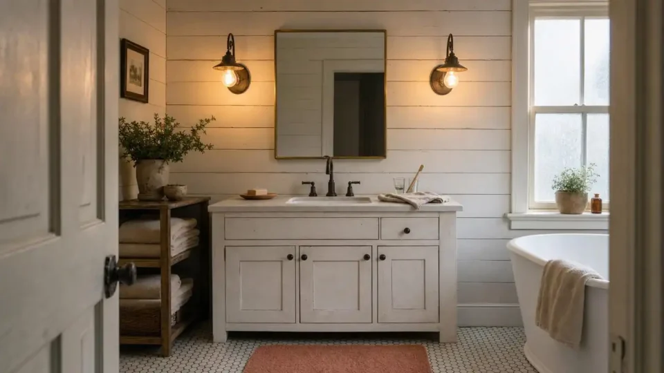 Cozy farmhouse bathroom with distressed white shaker vanity, oil-rubbed bronze faucet, and horizontal shiplap accent wall